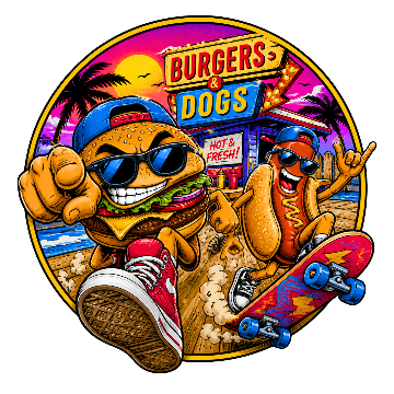 Cartoon hamburger and hot dog with sunglasses and sneakers in front of a 'Burgers & Dogs' sign.