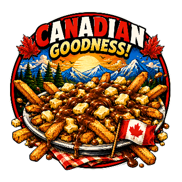 Illustration of a plate of poutine with mountains and a sunset in the background, featuring the text 'Canadian Goodness'.