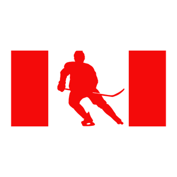 Red silhouette of a hockey player between two red rectangles on a white background