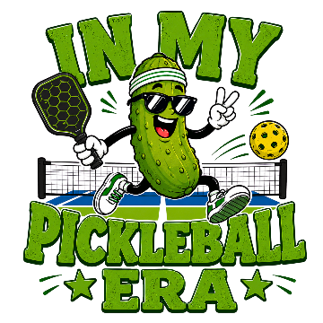 Cartoon pickle playing pickleball with text 'In My Pickleball Era' on a white background