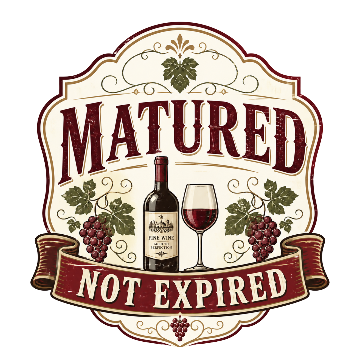Decorative label with wine bottle, glass, and grapes, featuring the text 'Matured Not Expired'.