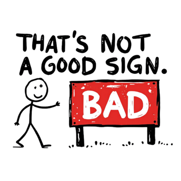 Cartoon stick figure pointing to a sign with 'BAD' on a white background