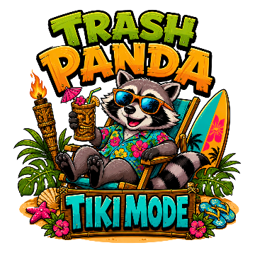 Illustration of a raccoon in a tropical setting with 'Trash Panda' and 'Tiki Mode' text.