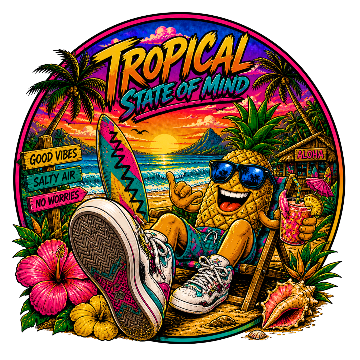 Tropical-themed design with a pineapple character, beach elements, and 'Tropical State of Mind' text.